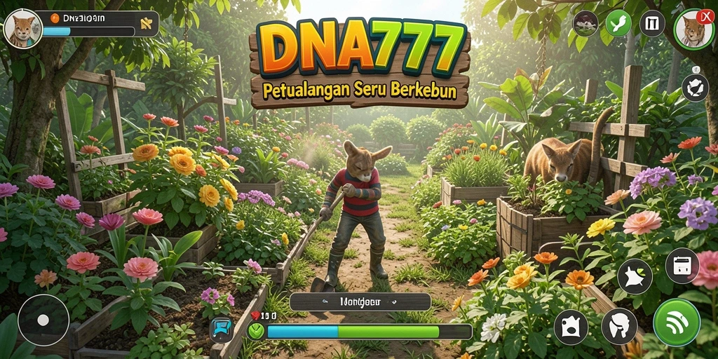 Screenshot dari permainan DNA777 menampilkan aktivitas berkebun yang seru.