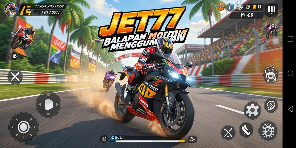 Tampilan gameplay balapan motor yang seru dan mendebarkan di JET77.