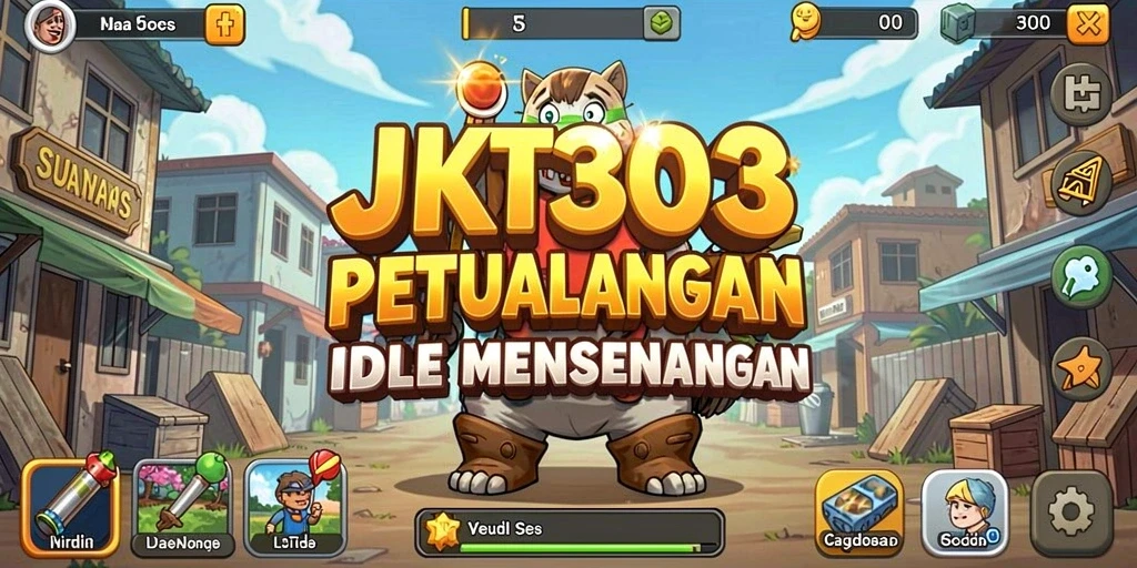 Tampilan gameplay JKT303 dengan karakter menggemaskan dan aktivitas idle.