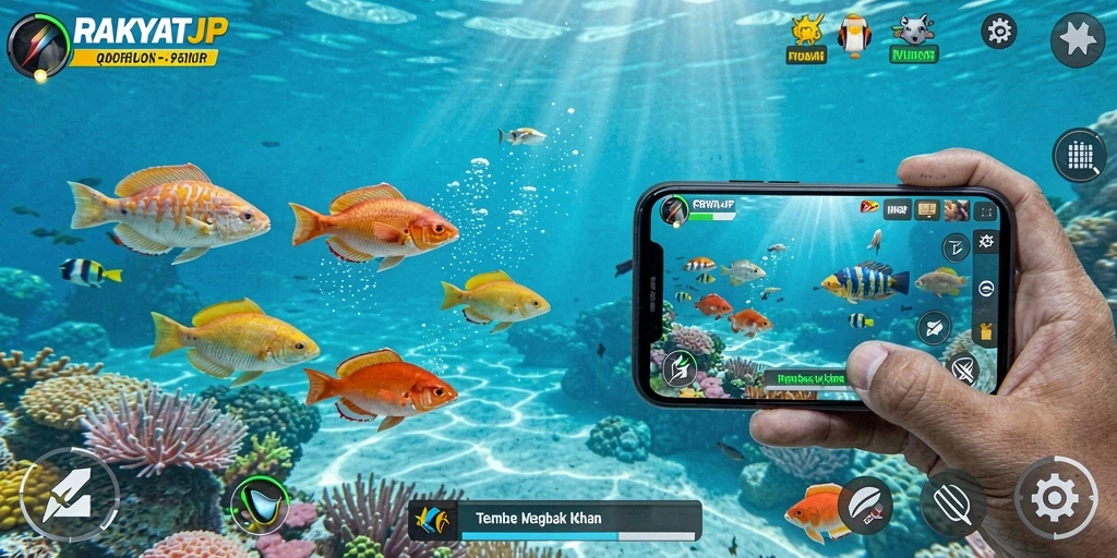 Tampilan gameplay RAKYATJP yang menegangkan saat menembak ikan.
