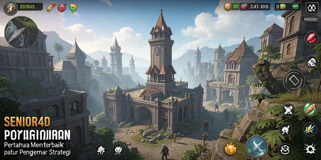 Tampilan gameplay SENIOR4D yang menarik dengan menara pertahanan yang beragam.