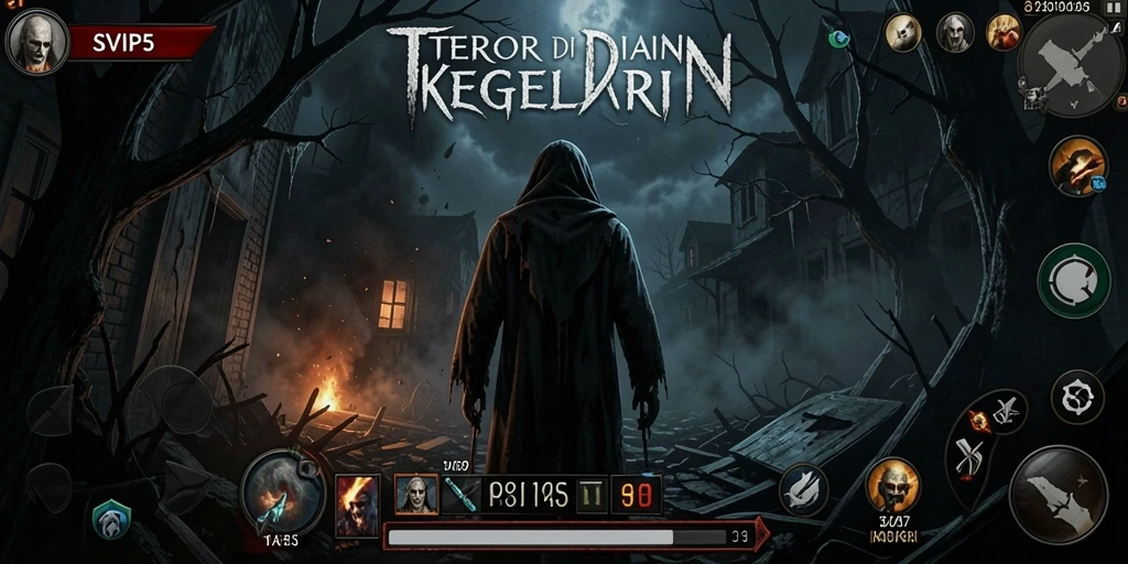 Screenshot menampilkan pemain menjelajahi lorong gelap penuh misteri.