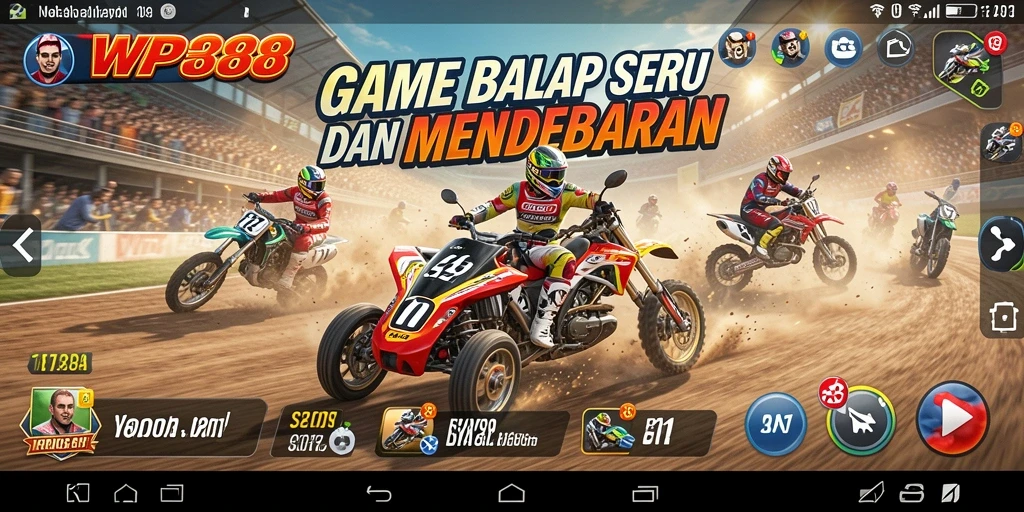 Gameplay WP888 dengan mobil balap yang sedang bertanding di lintasan.