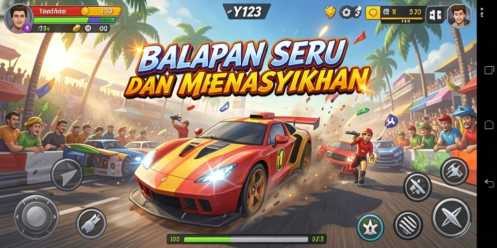 Tampilan gameplay balapan seru di YY123 dengan mobil cepat.